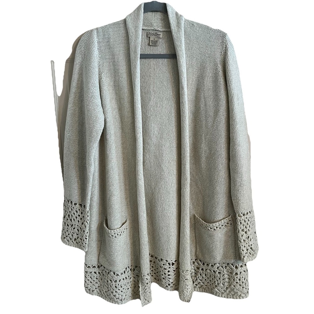 Lucky‎ Brand Sweater Women's M Ivory Crochet Cardigan Open Front Boho Pockets
